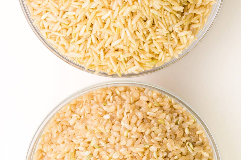 A closeup of two bowls of rice shows short-grain brown rice and long-grain brown rice.