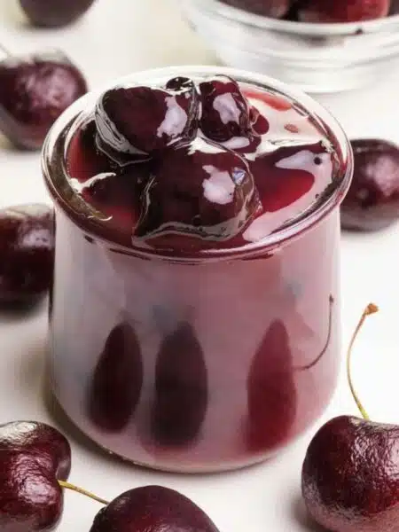 A jar of cherry sauce is surrounded by fresh cherries.