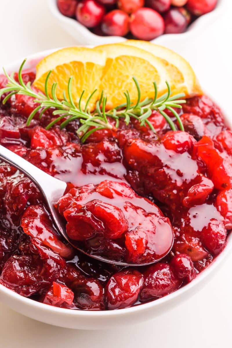 A spoon is in a bowl of vegan cranberry sauce. A bowl of fresh cranberries is barely visible in the background.