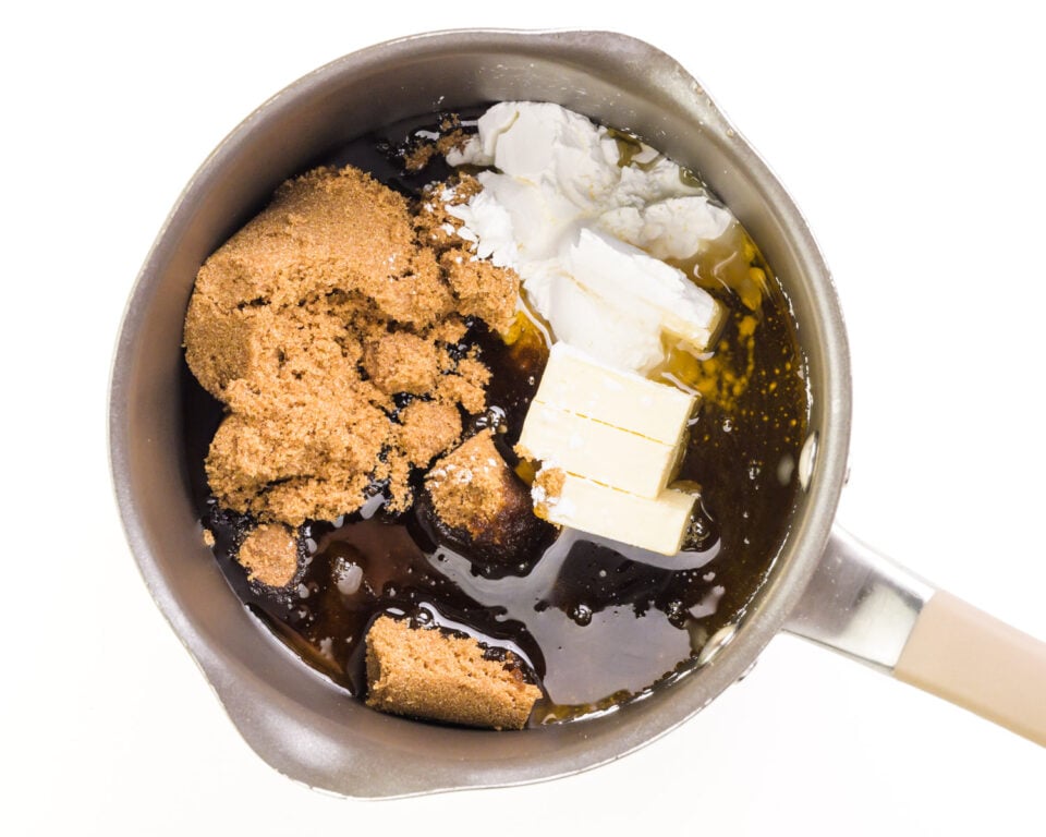 Ingredients like butter, cornstarch, brown sugar, and syrup are in a saucepan.