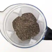 Chia seeds are in the bottom of a blender jar.
