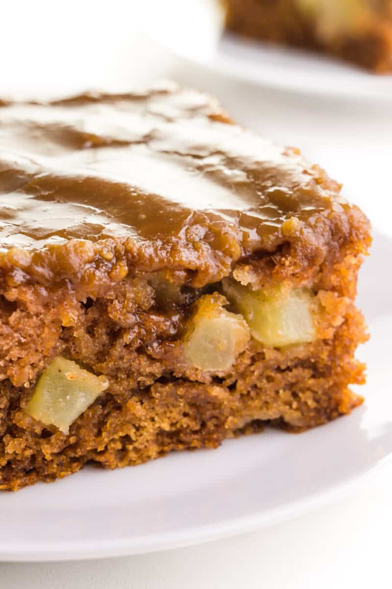 A close-up of an egg-free apple cake, showing bits of apple in the cake.