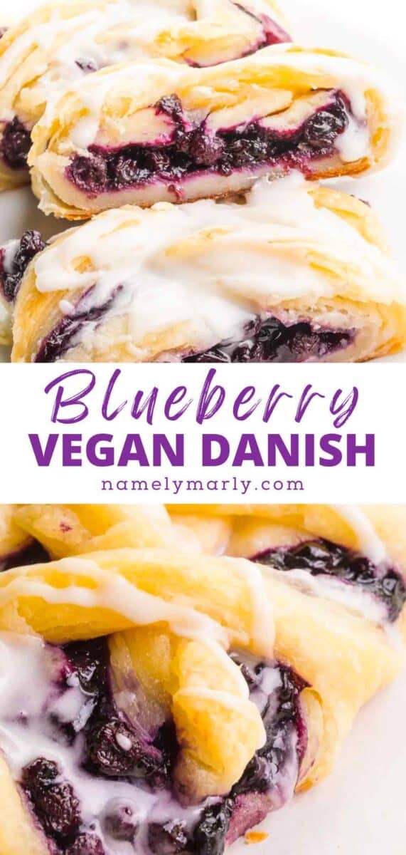 A blueberry danish has slices cut out. The text on the image reads, Blueberry vegan danish.