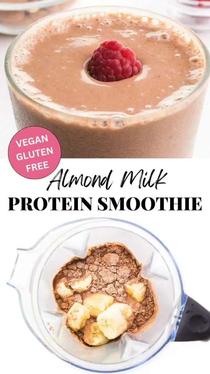 A closeup of a chocolate smoothie with a raspberry on top and looking into a blender with smoothie ingredients. The text reads, Almond Milk Protein Smoothie.
