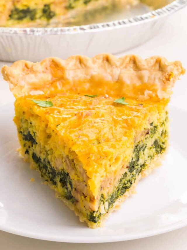 A slice of Just Egg quiche sits on a plate in front of the pan with more quiche.