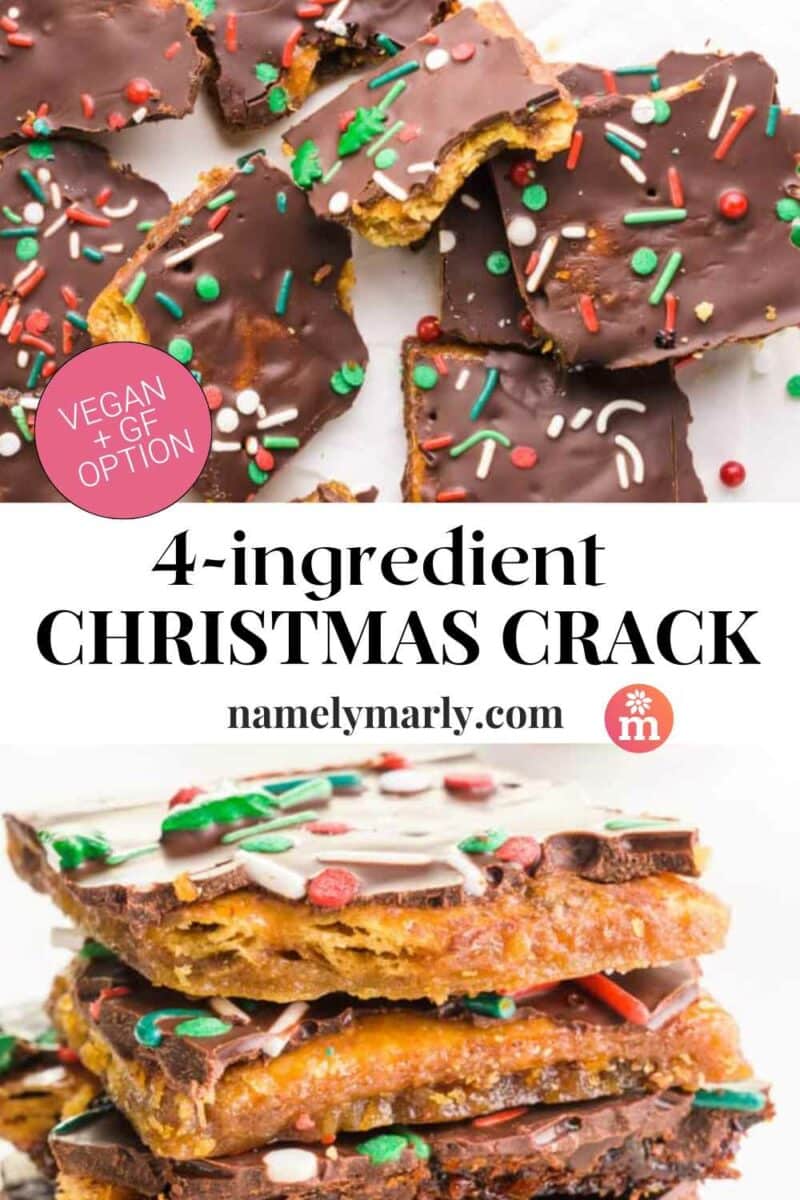 Two pictures show pieces of toffee bars.  Image caption 4-Ingredient Vegan Christmas Crack