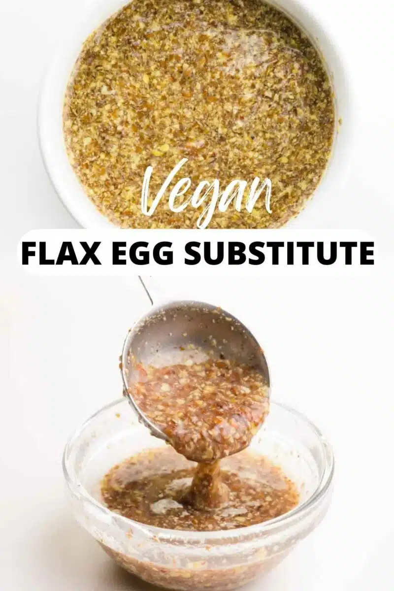 The to image looks down on brown liquid in a bowl. The bottom shows a spoon with brown liquid over a bowl. The text reads Flax Egg Substitute.