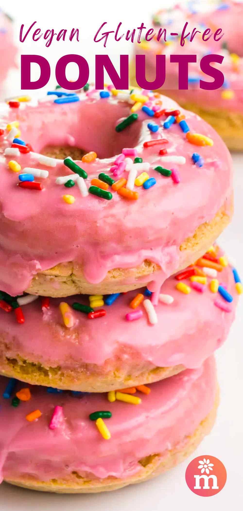 A stack of donuts with pink icing reads, Vegan Gluten-Free Donuts.