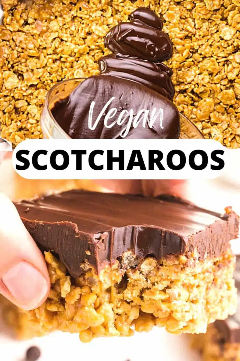 A collage of two images shows chocolate being poured over cereal on to and a hand holding a chocolate peanut butter treat with a bite taken out on bottom. The text reads Vegan Scotcharoos.