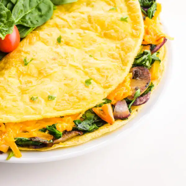 A closeup of a Just Egg Omelette on a plate.