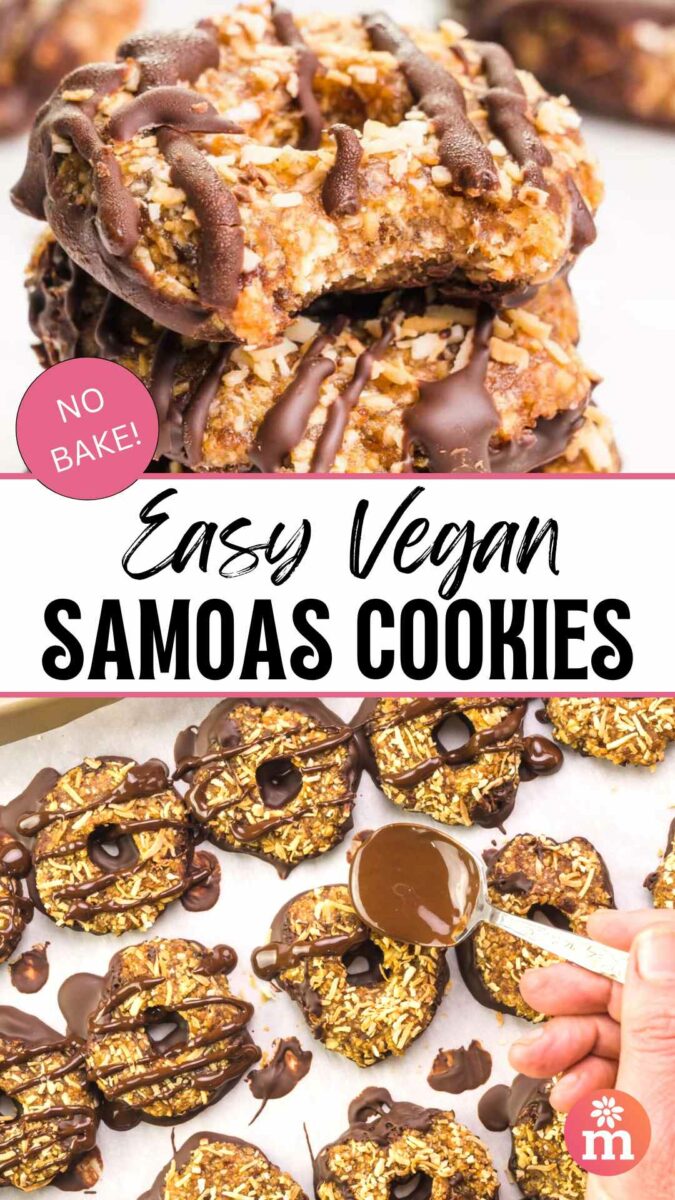 A coconut cookie with a bite taken out is on top with a hand drizzling chocolate over a tray of cookies on bottom. The text reads, Easy Vegan Samoas Cookies.