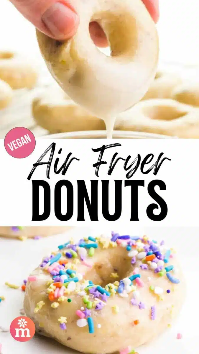 A hand dips a donut in icing in the top image. The bottom image shows a closeup of a donut with sprinkles. The text reads, Air Fryer Donuts.