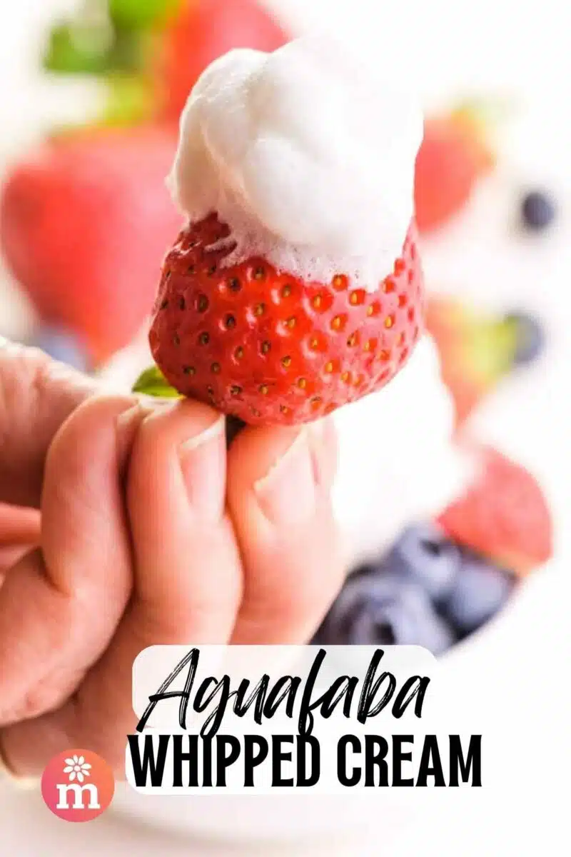 A hand holds a strawberry with whipped cream on top. The text reads, Aqufaba Whipped Cream.