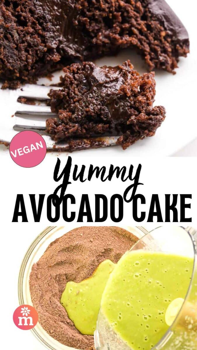 A bite of chocolate cake is on a fork in front of the rest of the cake. The bottom image shows pouring green sauce from a food processor into a bowl with chocolate flour mixture. The text reads, Yummy Avocado Cake.