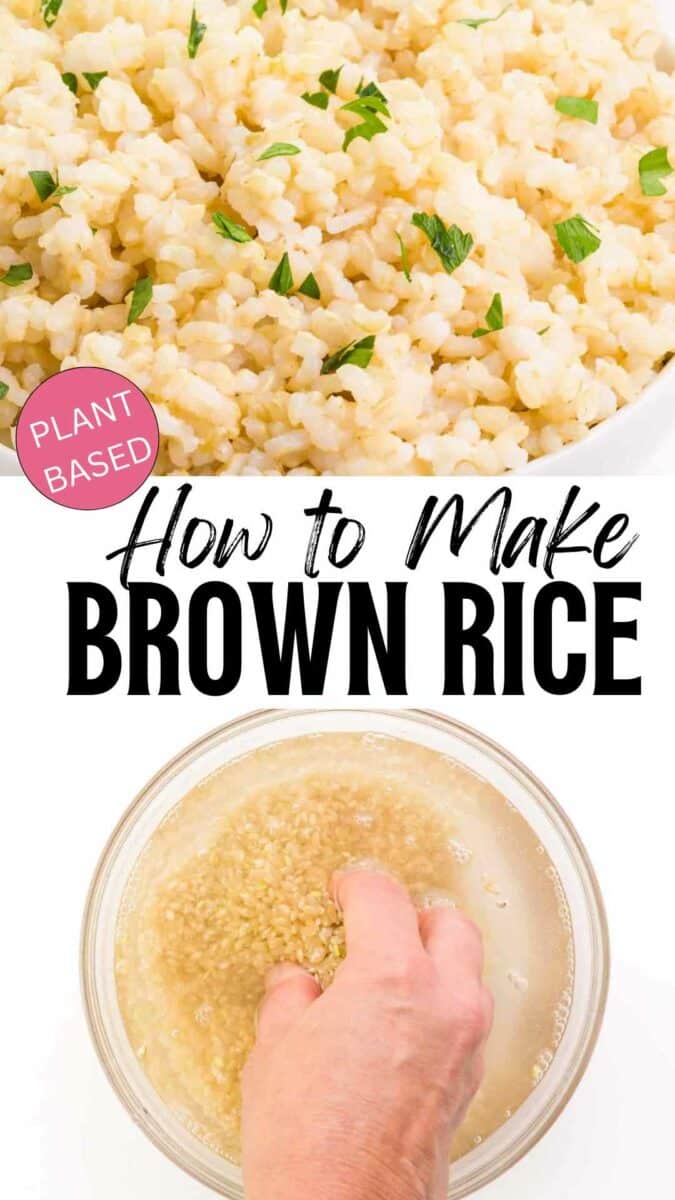 Herbs on top of a bowl of rice and another figure stirring rice in water in a bowl.  The text reads, How to make brown rice.