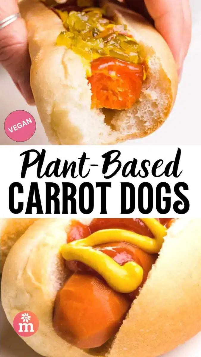 A hand holds a bun with a hot dog in the middle. The bottom image also shows the hot dog in the bun. The text reads, Plant-based Carrot Dogs.