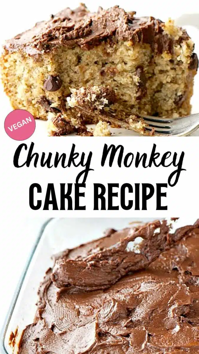 A cake with chocolate frosting has a bite taken out on top. The bottom image shows a knife spreading frosting on top of the cake. The text reads, Chunky Monkey Cake Recipe.