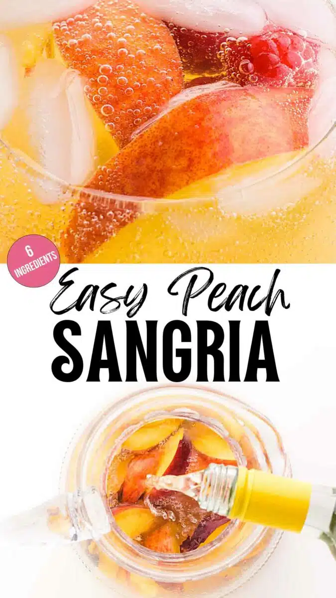 A closeup of a cocktail with peaches and ice is on top and the bottom image shows wine being poured into a pitcher with peaches. The text reads, Easy Peach Sangria.