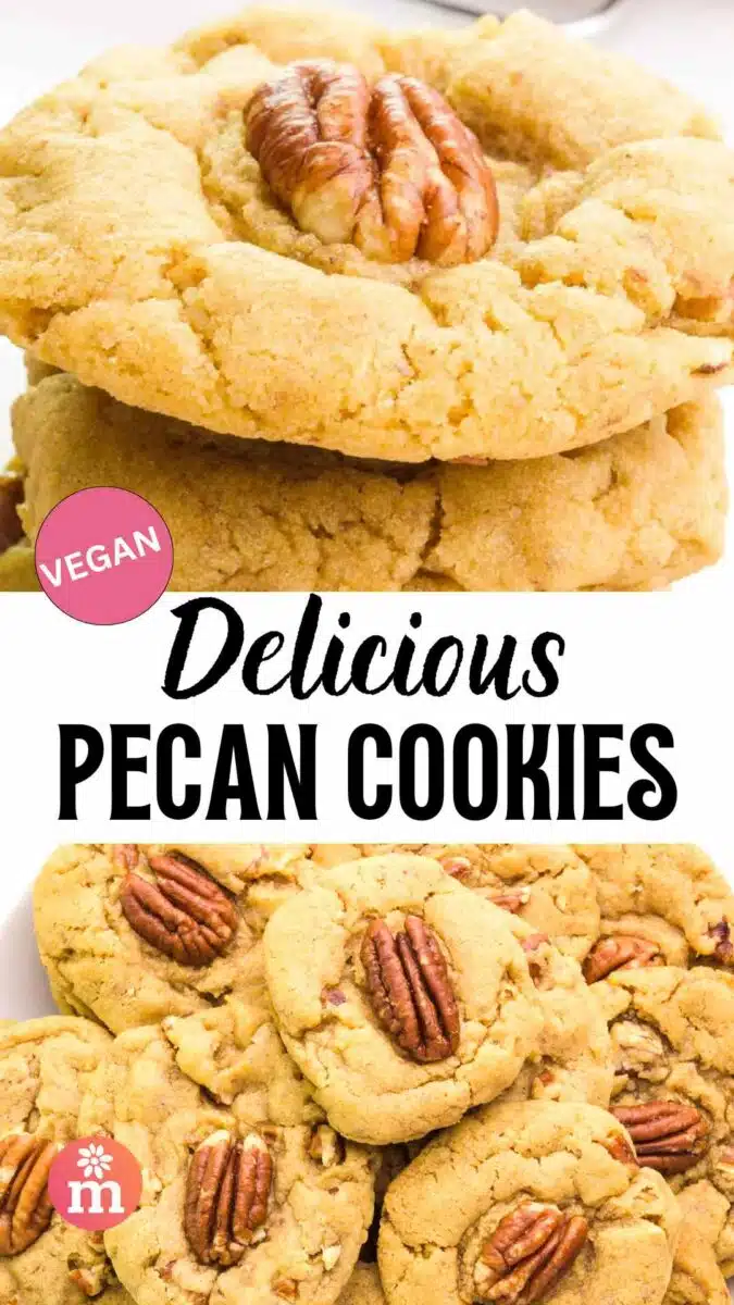 A stack of golden cookies with a pecan in the center is on top. The bottom image shows a plate of the cookies. The text reads, Delicious Pecan Cookies.