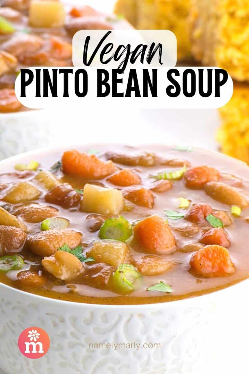 A bowl of thick soup has vegetables on top. The text reads, Vegan Pinto Bean Soup.