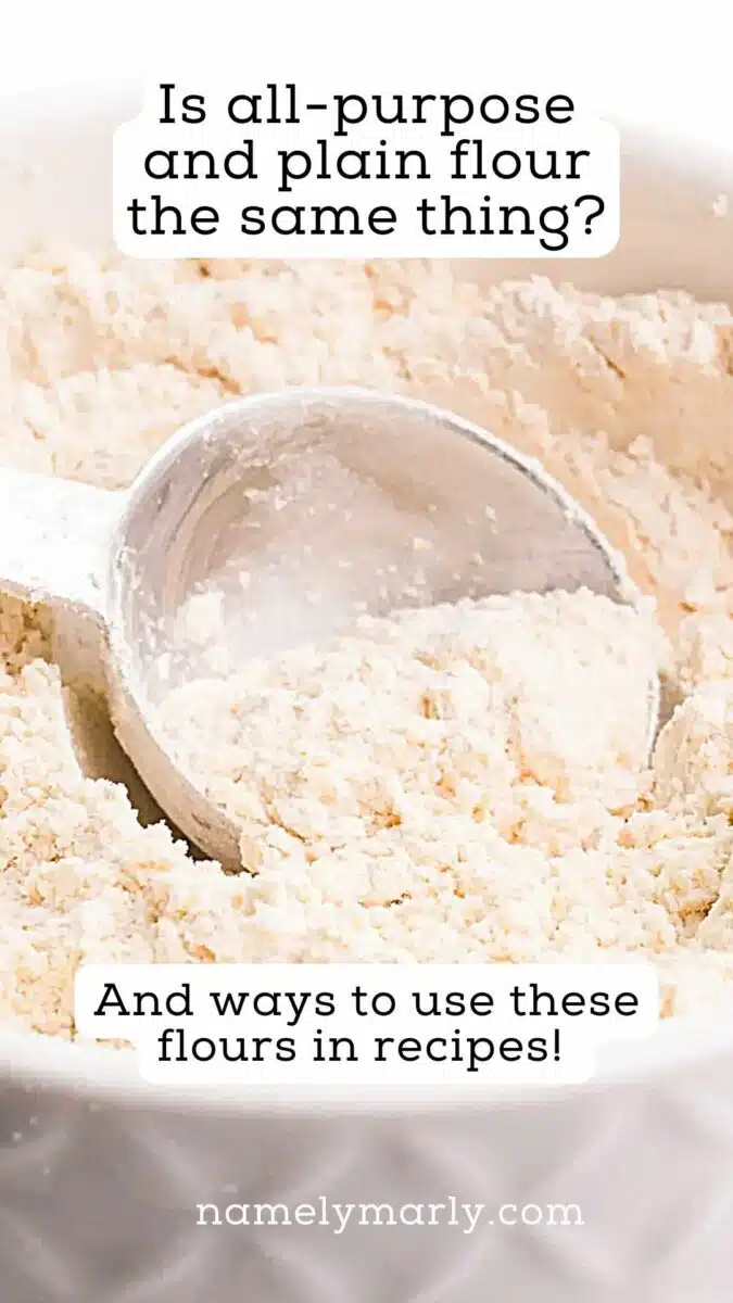 A measuring spoon is in flour. The text reads, Is all-purpose flour and plain flour the same thing? And ways to use these flours in recipes.