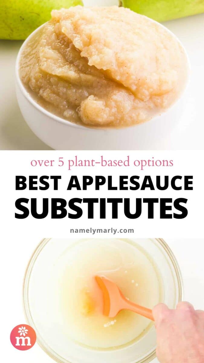The photo above shows pear sauce in a bowl.  The image below shows a hand mixing cake batter in a bowl  As the title text reads, the best applesauce substitute.