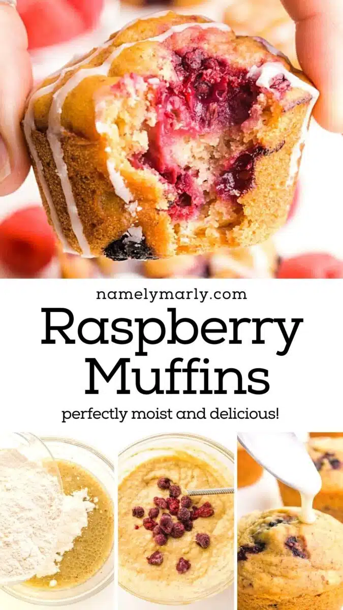 A hand holds a muffin with a bite taken out. The bottom image shows a series of steps to making the muffins, such as adding flour to a bowl. The text reads, Raspberry Muffins: perfectly moist and delicious!