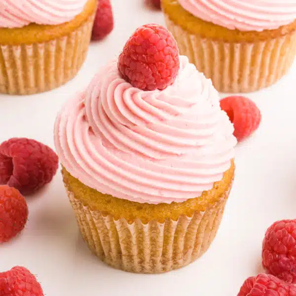 A vanilla cupcake topped with a fresh raspberry topped with vegan raspberry frosting.  It is surrounded by fresh raspberries and more cupcakes.