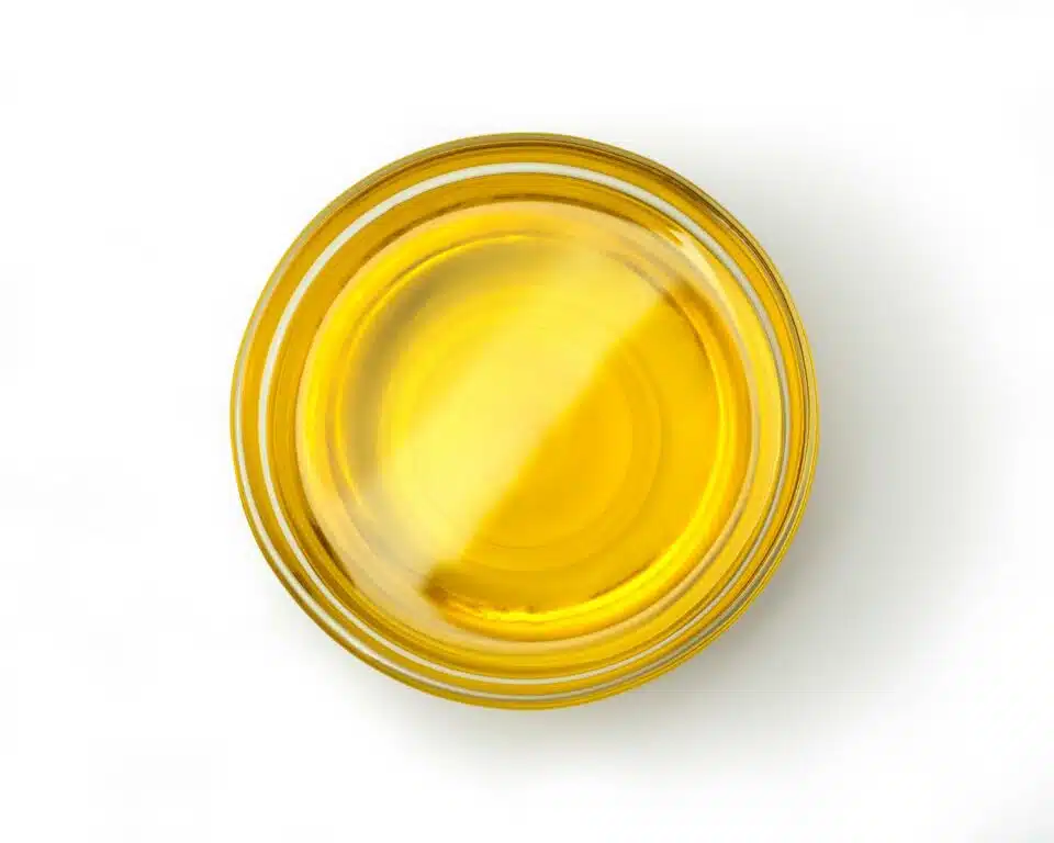 Looking down onto a bowl of olive oil on a white table.
