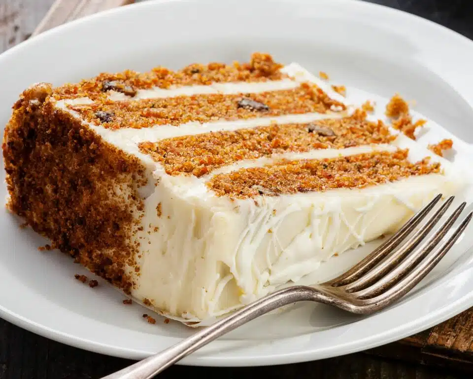 A slice of layered carrot cake sits on its side on a plate. There is a fork in front of it.
