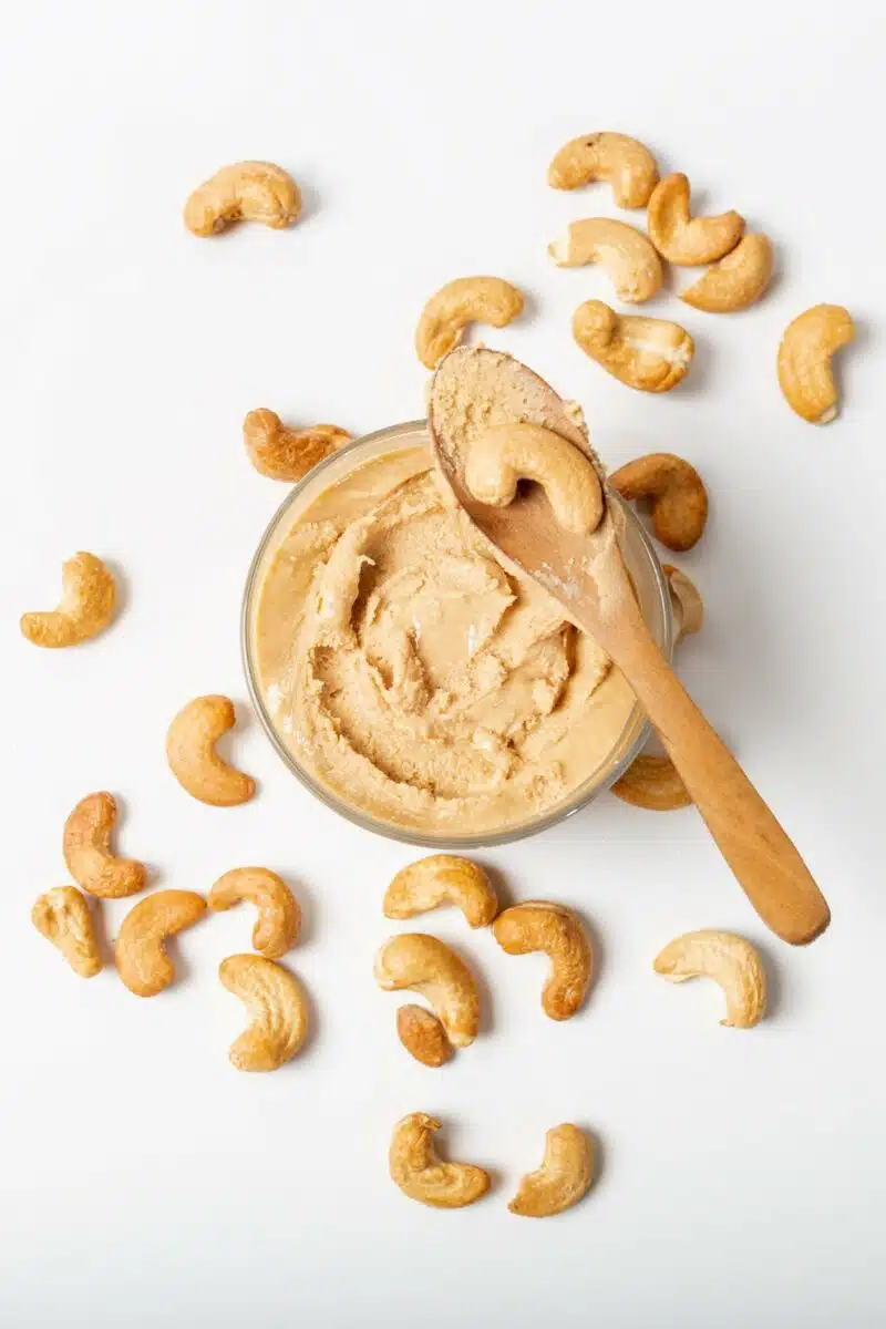 Looking down on a jar of cashew butter. There is a wooden spoon with cashew butter and a cashew on it. There are several cashews around the jar.