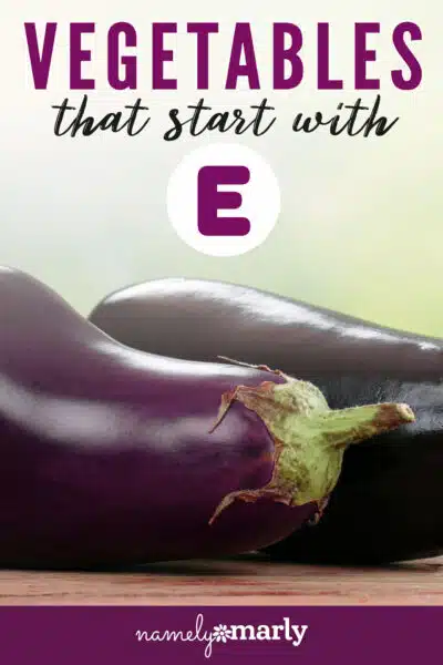 A group of purple mini eggplants sit on a white table. The text reads, Vegetables That Start With E, from endive to edamame to eggplants.