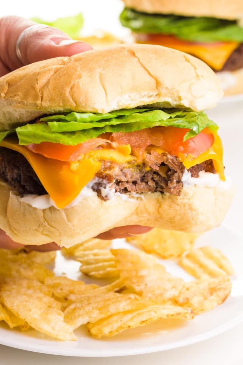 A hand holds an Impossible burger with a bite taken out, revealing some of the toppings like cheese. It hovers over a pale of potato chips.