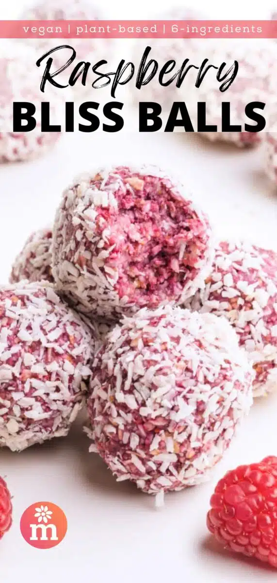 A stack of pink energy balls shows the top one with a bite taken out. The text reads, vegan, plant-based, 6-ingredients, Raspberry Bliss Balls.