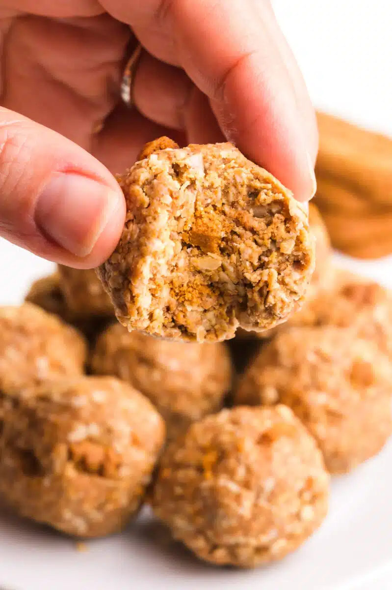 A hand holds a Biscoff protein ball with a bite taken out. It hovers over a plate with more of the treats.