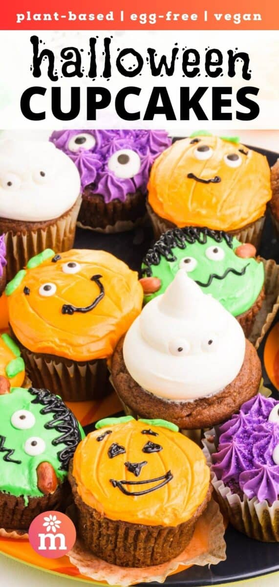 Looking on several colorful cupcakes on a plate. The text above them reads, plant-based, egg-free, vegan Halloween Cupcakes.