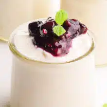 A closeup of silken soy yogurt in a serving dish with berries and a mint sprig on top.