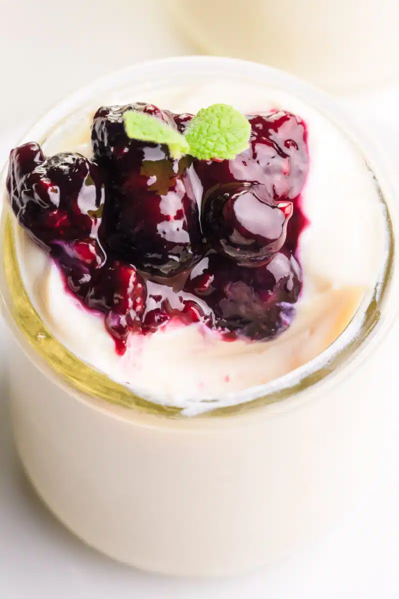 Looking down into a dish of silken yogurt with berries and a mint sprig on top.