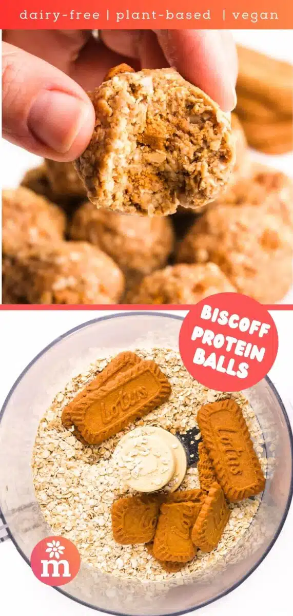 A hand holds an energy ball with a bite taken out in the top photo. The bottom shows biscoff cookies in a food processor bowl with oats. The text reads, dairy-free, plant-based, vegan Biscoff Protein Balls.