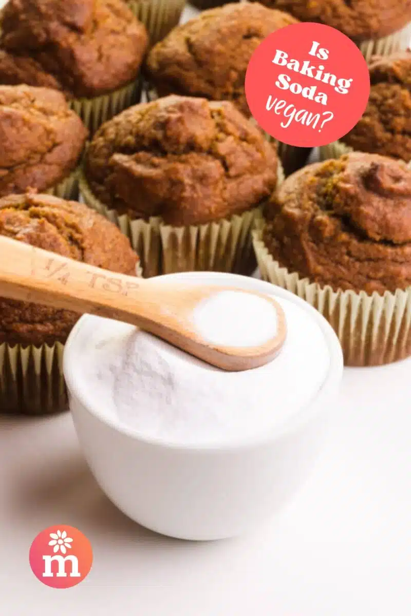 A measuring spoon of baking soda sits in a bowl. There are muffins in the background. The text reads, Is Baking Soda Vegan?