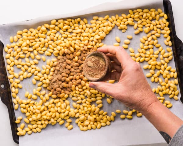 A hand holds a small bowl of spices, sprinkling them over a pan full of soybeans.