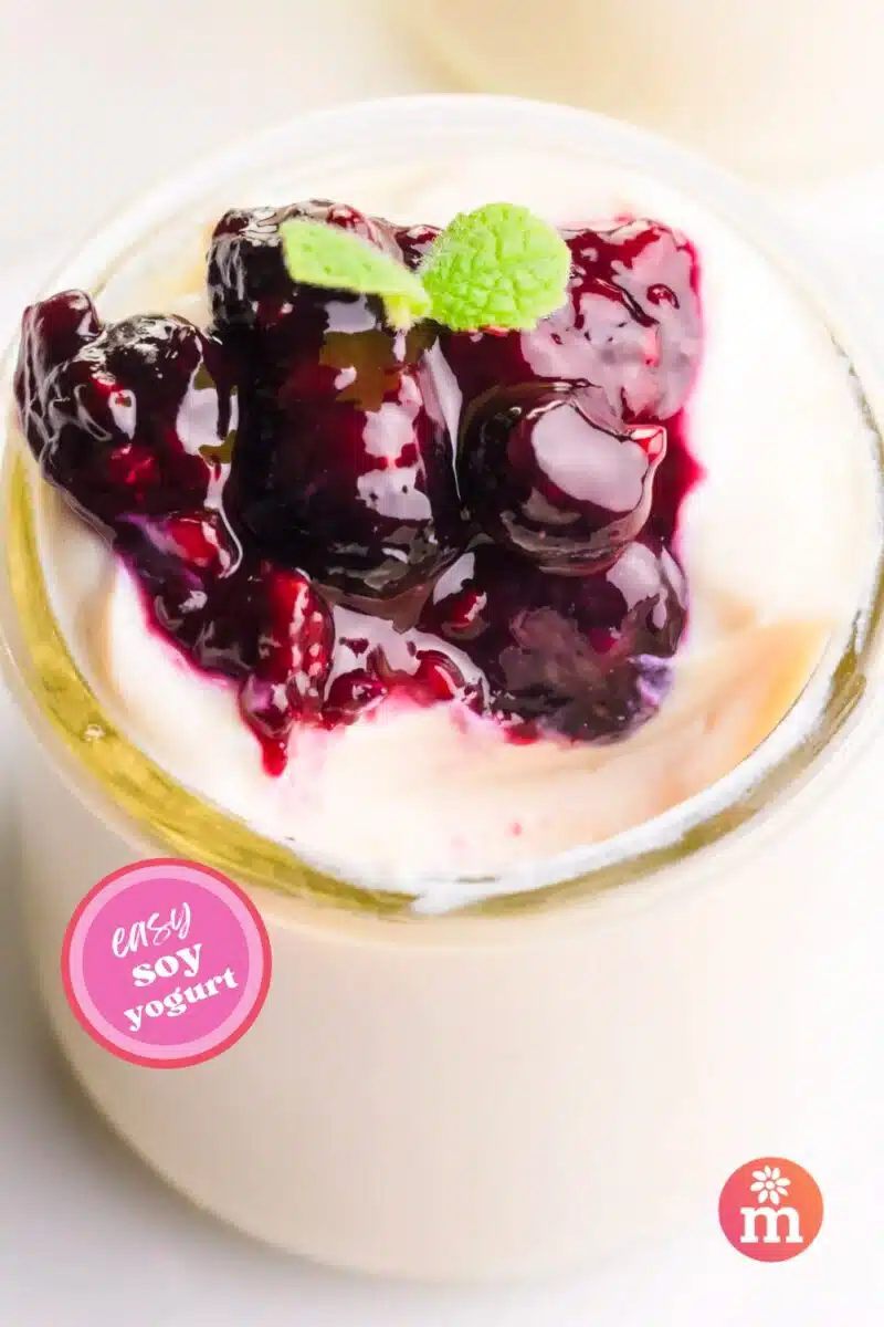 Looking down into a jar of yogurt with berries and a mint sprig on top. The text reads, Easy Soy Yogurt.