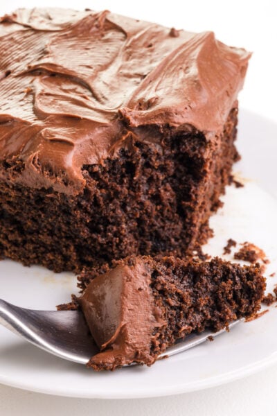 A close-up photo of a fork holding a tempting bite of healthy chocolate cake, positioned on a plate with the remaining slice in the background. The cake is generously topped with luscious chocolate frosting, creating an irresistible and indulgent treat.