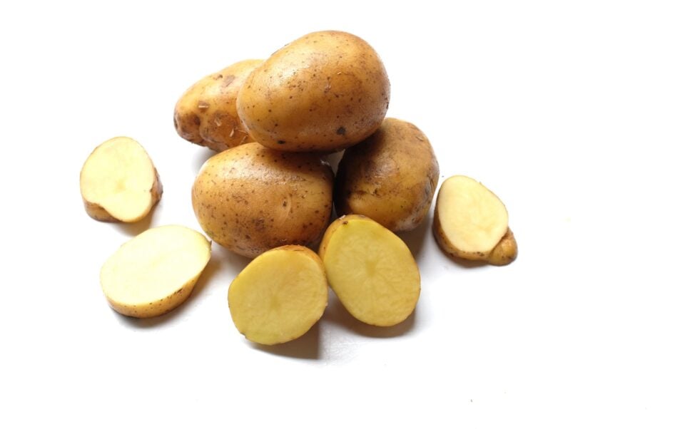 Looking down on several potatoes, one has been cut into slices.