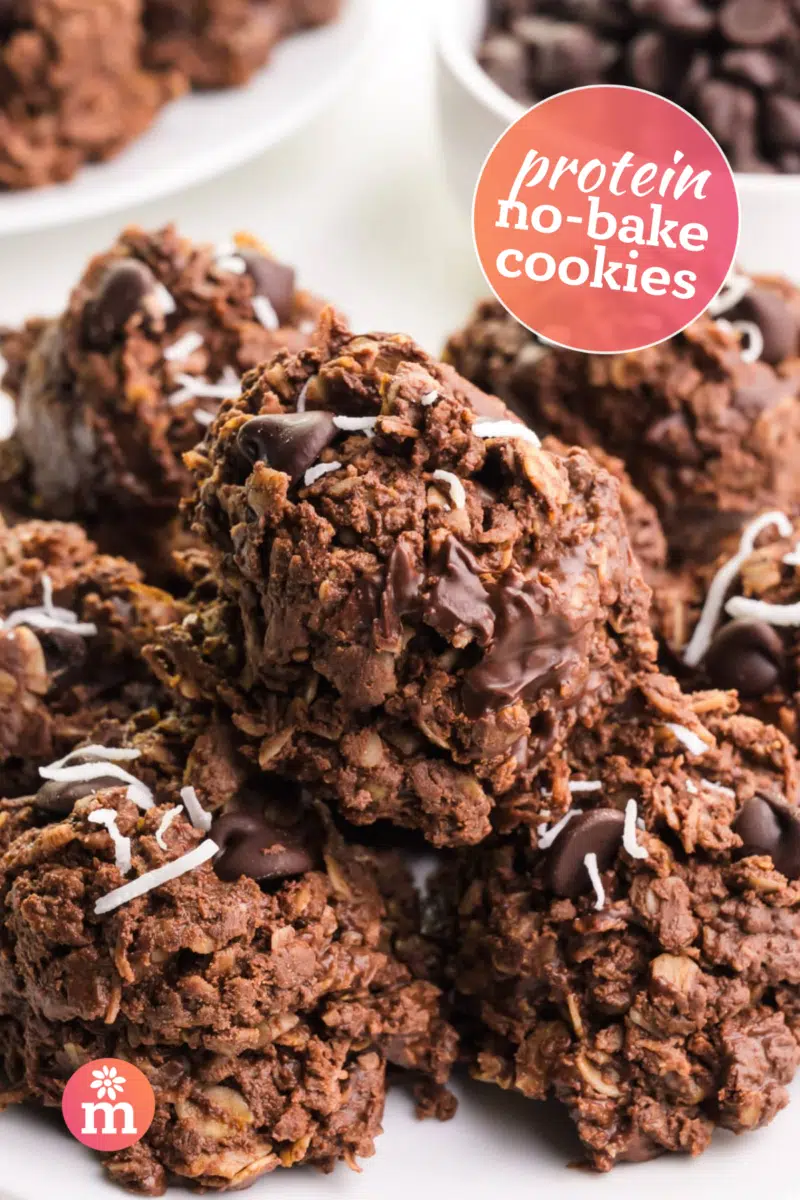 A group of chocolate cookies are on a plate. The text reads, protein no-bake cookies.