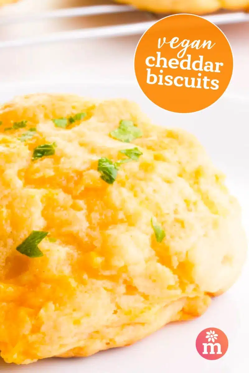 A closeup of a biscuit on a white table. The text reads, vegan cheddar biscuits.