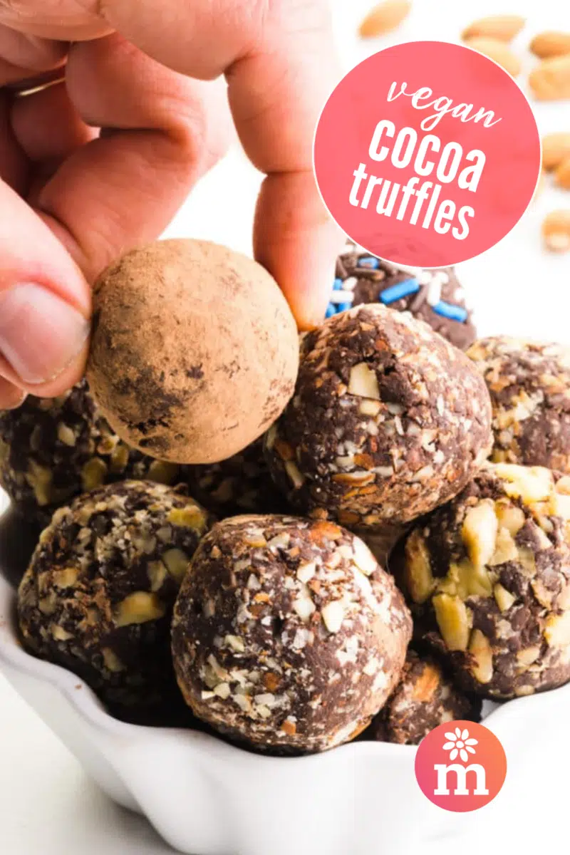 A hand picks a chocolate ball from a bowl with more. The text reads, Vegan Cocoa Truffles.