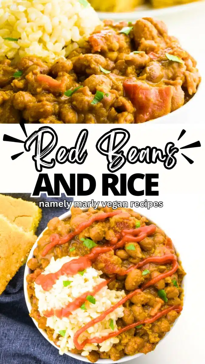 Beans and rice in a bowl on the top image and a bowl of beans and rice on the bottom image. The text reads, Red Beans and Rice, Namely Marly Vegan Recipes.