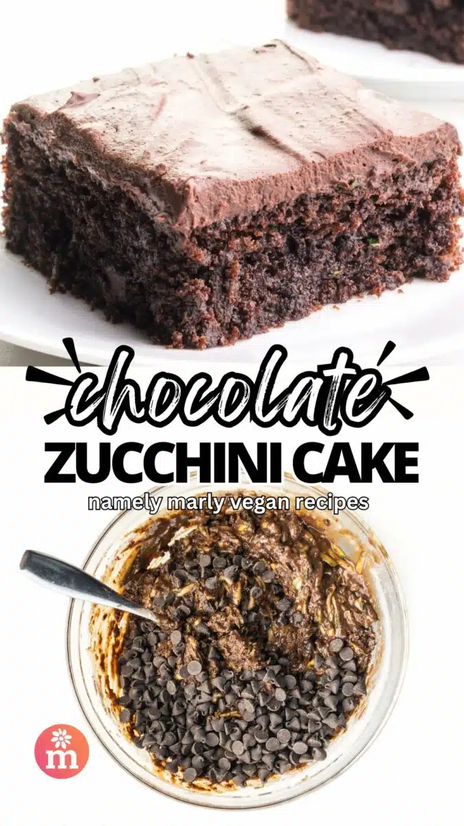 The top image shows a slice of chocolate cake. The bottom shows the batter with chocolate chips in a mixing bowl. The text reads, Chocolate Zucchini Cake, Namely Marly Vegan Recipes.