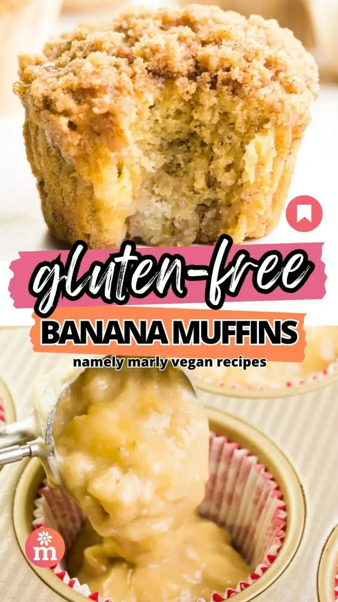 A muffin with a bite taken out is the top image and the bottom image shows batter being added to a muffin tin. The text reads, Gluten-Free Banana Muffins, Namely Marly Vegan Recipes.